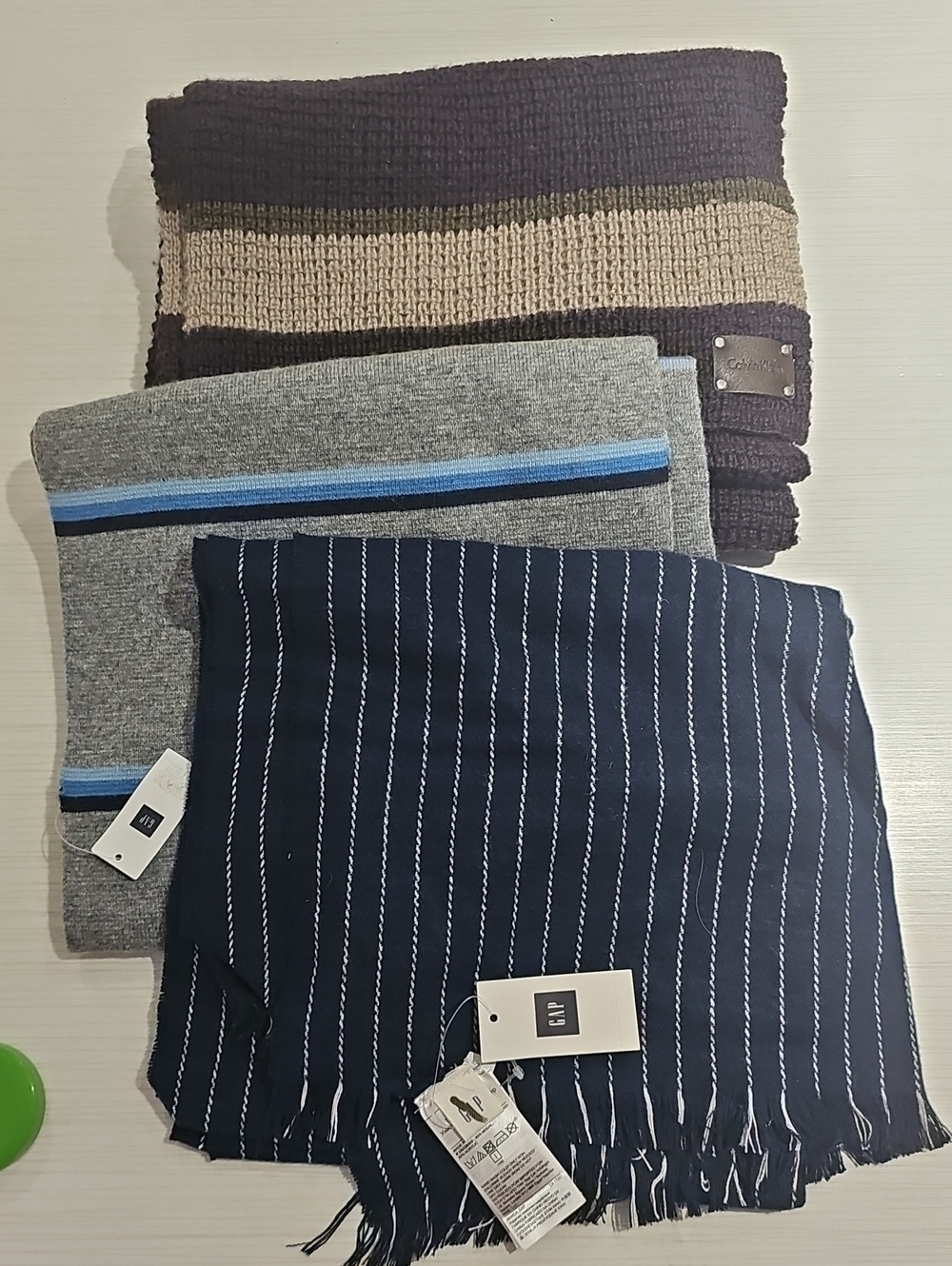 Lot Of 3 Scarves: GAP Navy Pinstripe NWT, GAP Gray/navy NWT, Brown CK